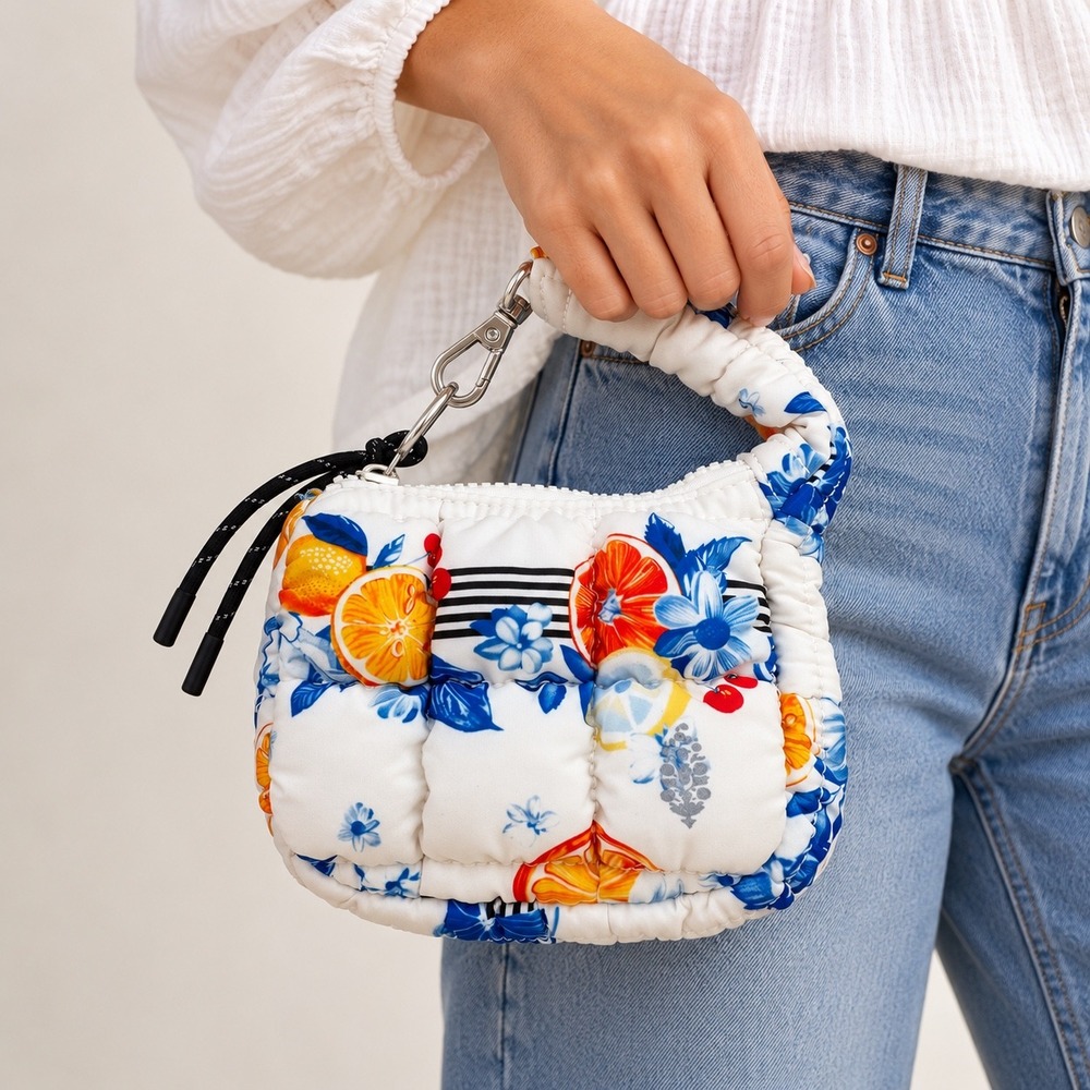 FP Movement Free People Quilted Mini Puffer Bag Citrus Floral Wristlet